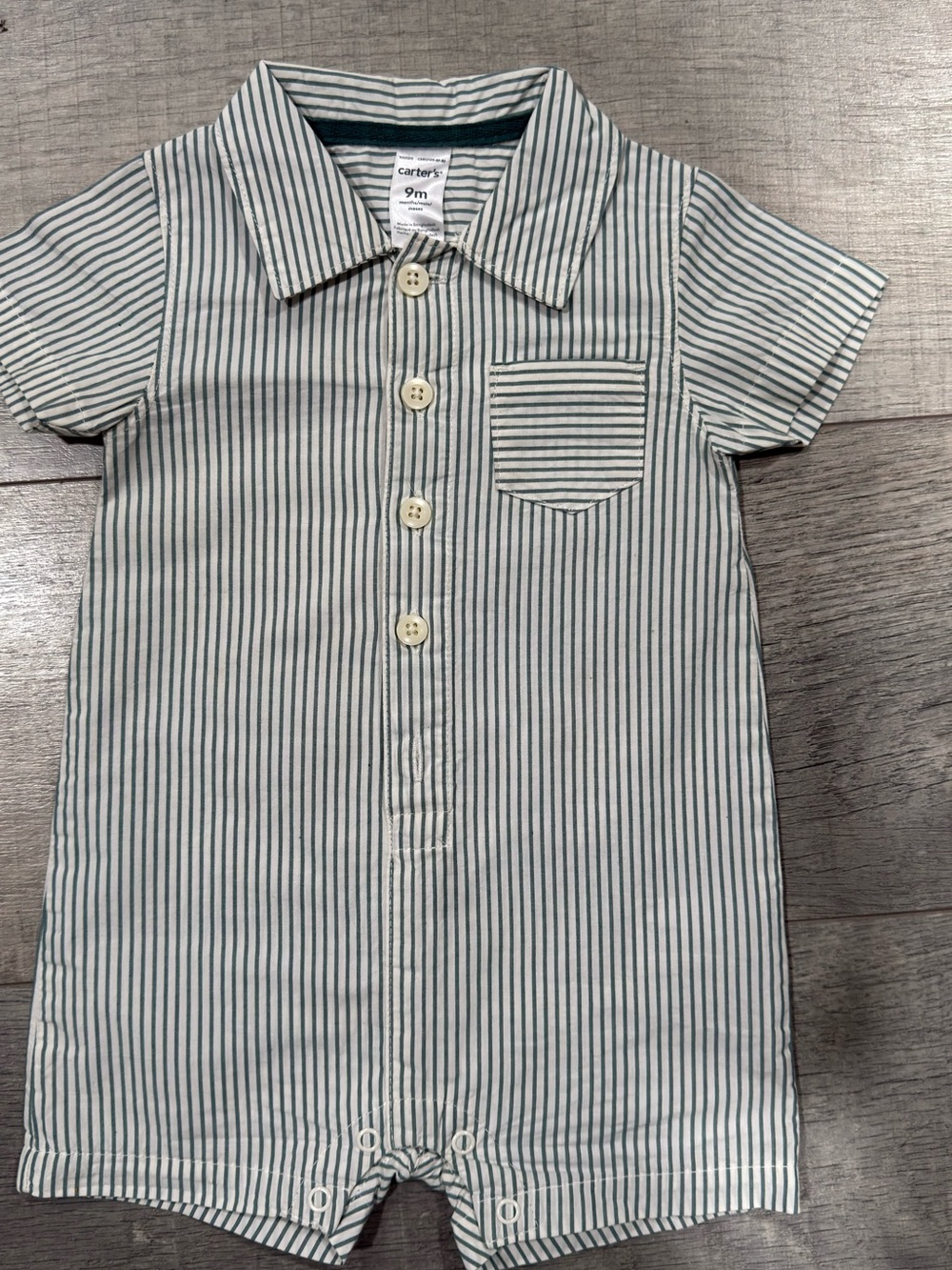 Carter’s Baby Boy 9 Months Green White Striped Collared Short Sleeve Romper